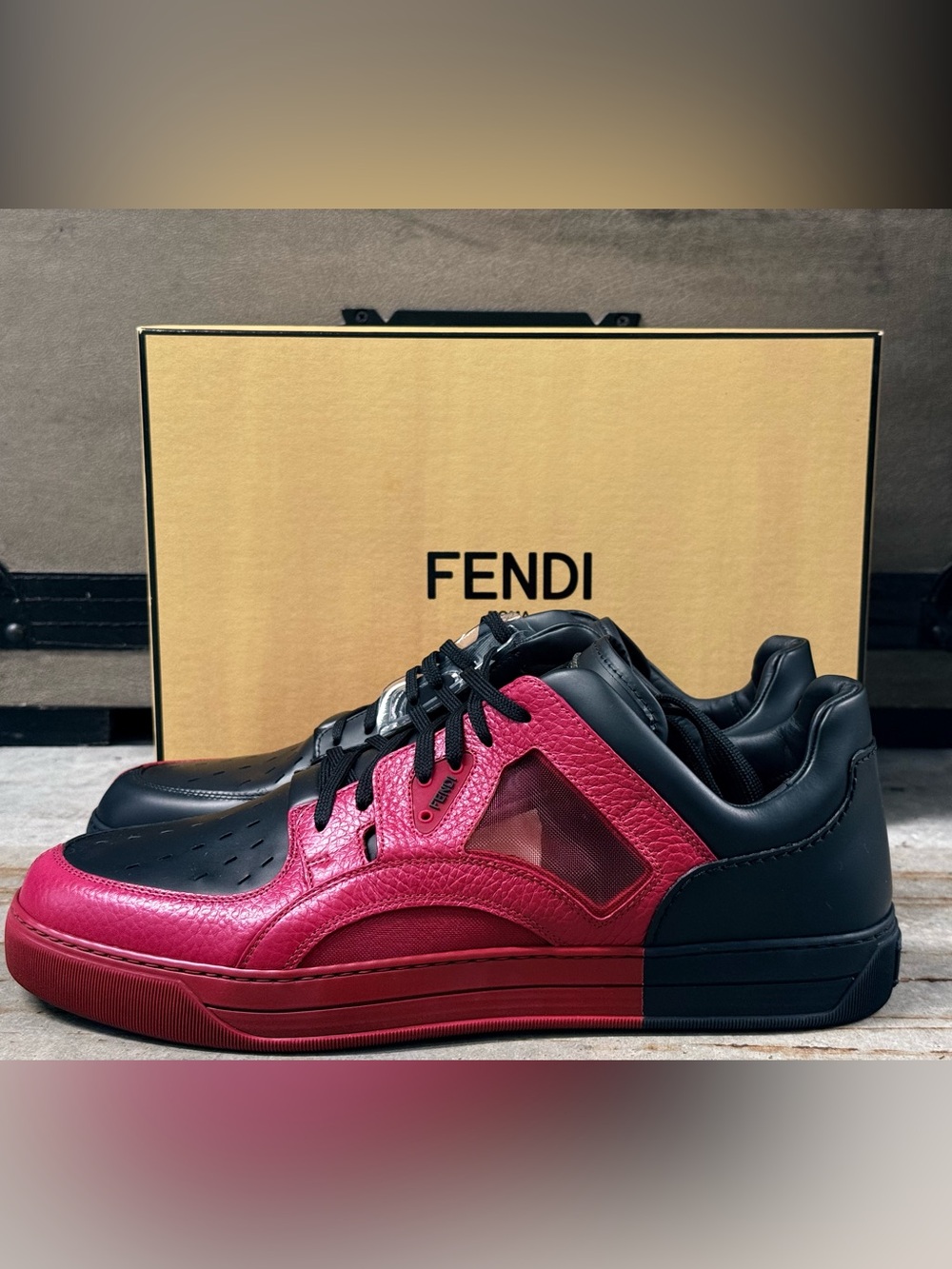 Fendi Red Black Leather Logo Sneakers Men’s 11 w/ Box